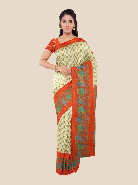 

Kalamandir Cream-Coloured & Orange Silk Blend Saree