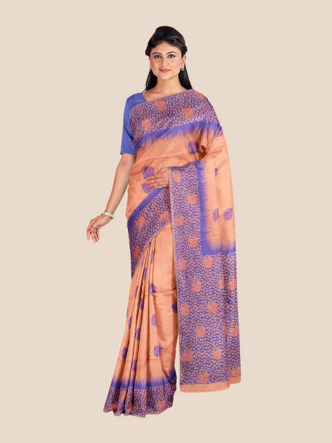 

Kalamandir Peach-Coloured & Blue Ethnic Motifs Printed Silk Blend Banarasi Saree