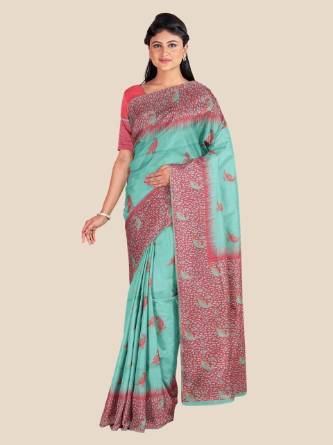 

Kalamandir Sea Green & Red Ethnic Motifs Silk Blend Banarasi Saree