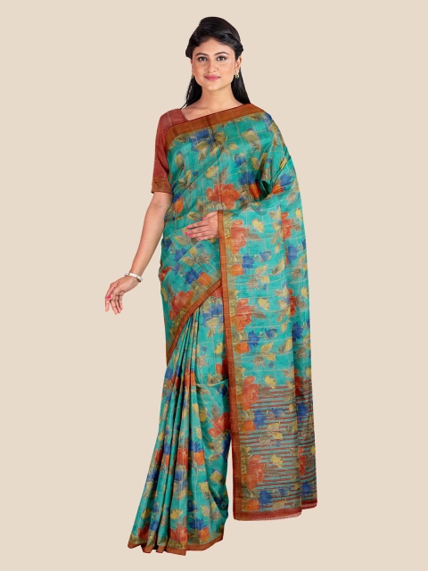 

Kalamandir Teal & Red Floral Linen Blend Banarasi Saree