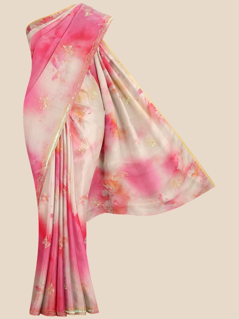 

Kalamandir Cream-Coloured & Pink Abstract Dyed Silk Blend Saree