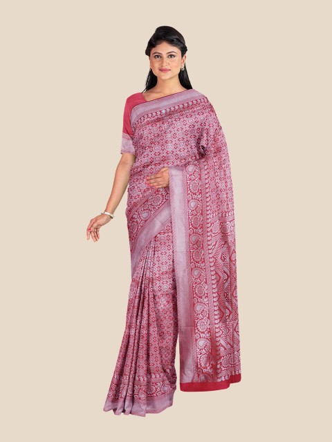 

Kalamandir Pink Floral Printed Silk Blend Banarasi Saree