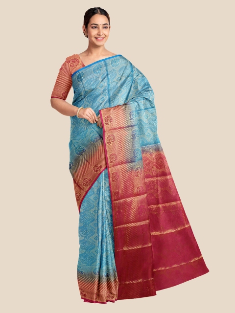 

Kalamandir Blue & Red Ethnic Motifs Silk Blend Banarasi Saree