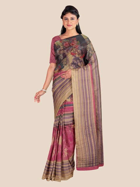 

Kalamandir Women Brown Striped Silk Blend Saree with Blouse