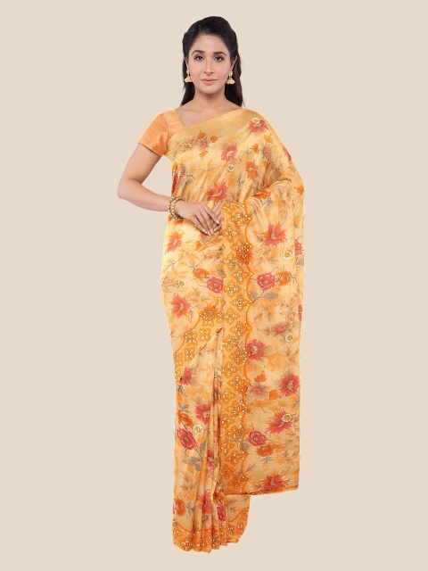 

Kalamandir Orange & Yellow Floral Sequinned Saree