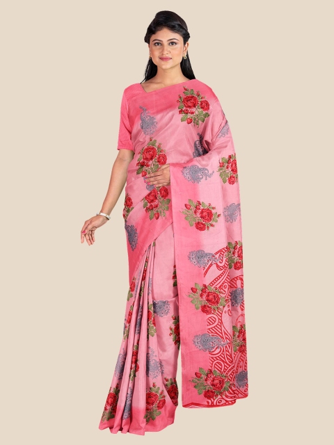 

Kalamandir Peach-Coloured & Green Floral Silk Blend Saree