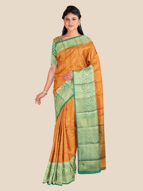 

Kalamandir Mustard & Green Floral Silk Blend Banarasi Saree