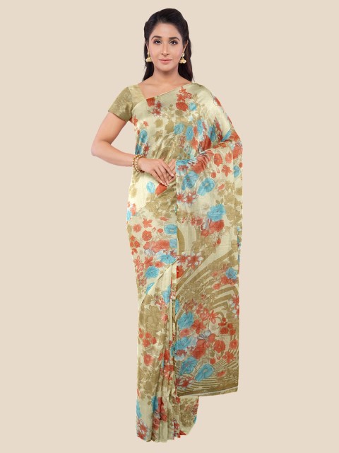 

Kalamandir Cream-Coloured & Orange Floral Printed Saree