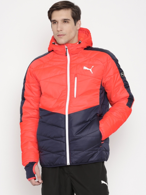 

PUMA Neon Orange & Navy Colourblocked Quilted Hooded Jacket