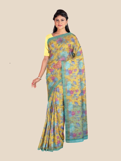 

Kalamandir Yellow & Green Floral Printed Zari Banarasi Saree