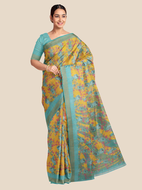 

Kalamandir Yellow & Blue Floral Linen Blend Banarasi Saree