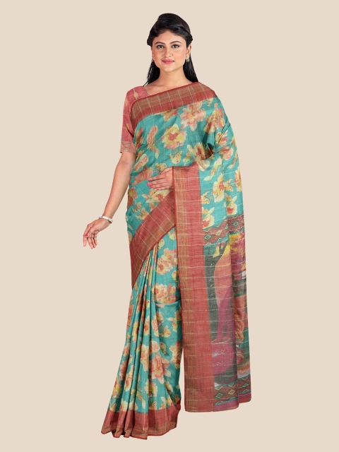 

Kalamandir Teal & Brown Floral Linen Blend Banarasi Saree