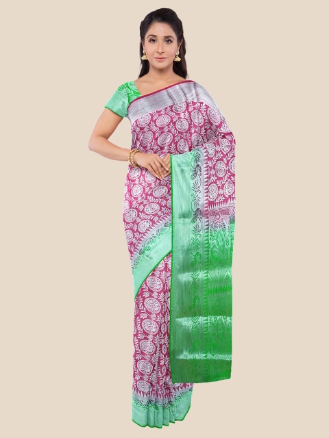 

Kalamandir Pink & Green Ethnic Motifs Zari Banarasi Saree