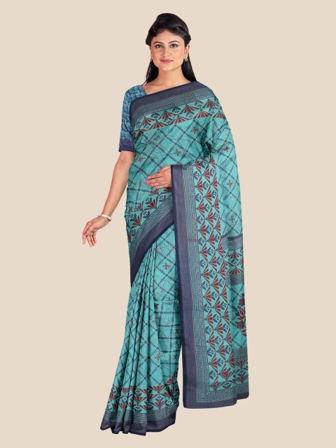 

Kalamandir Sea Green & Navy Blue Checked Silk Blend Saree