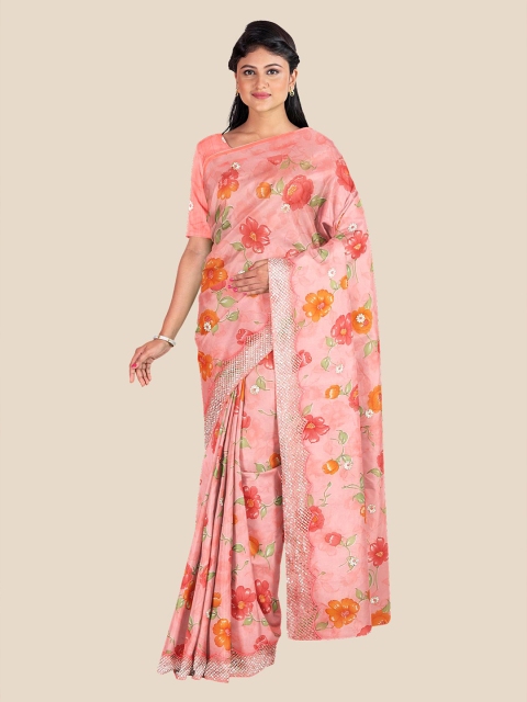 

Kalamandir Peach-Coloured & Green Floral Sequinned Silk Blend Saree