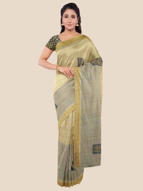 

Kalamandir Cream-Coloured & Grey Checked Linen Blend Banarasi Saree