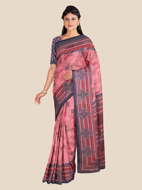 

Kalamandir Pink & Navy Blue Floral Printed Silk Blend Saree