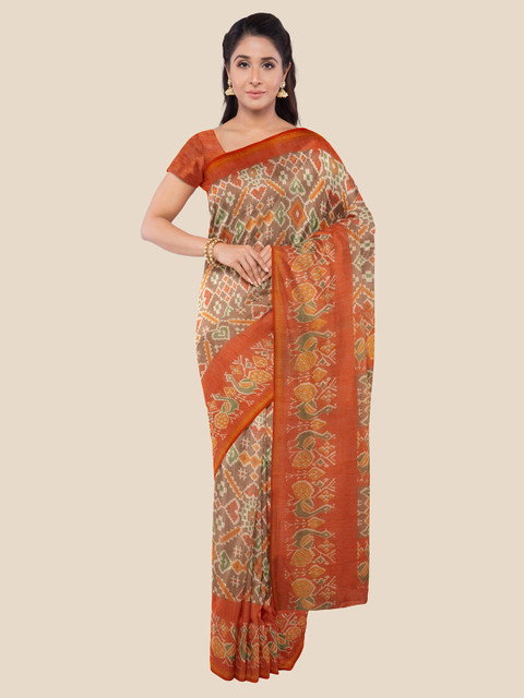 

Kalamandir Brown & White Ethnic Motifs Printed Silk Blend Saree