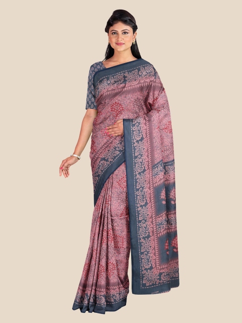 

Kalamandir Peach-Coloured & Blue Floral Silk Blend Saree
