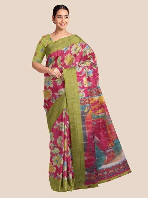 

Kalamandir Pink & Green Floral Banarasi Linen BlendSaree