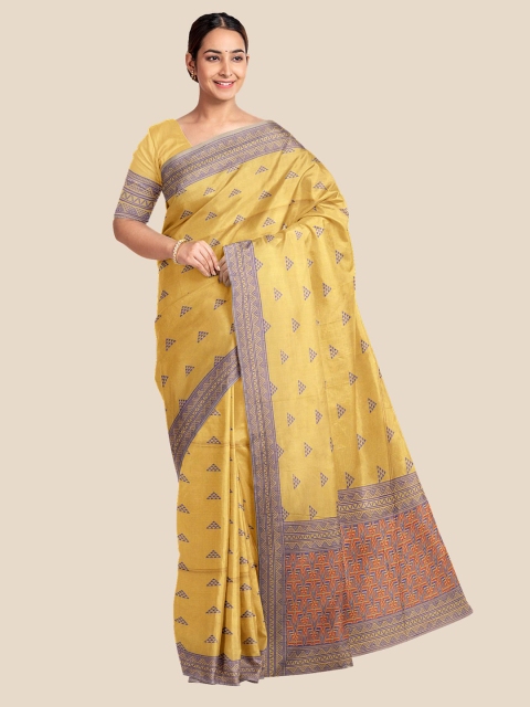

Kalamandir Mustard & Blue Woven Design Silk Blend Banarasi Saree