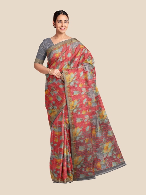 

Kalamandir Red & Grey Floral Printed Zari Banarasi Saree
