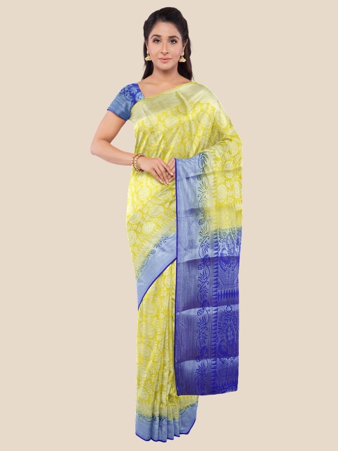 

Kalamandir Yellow & Blue Woven Design Silk Blend Banarasi Saree