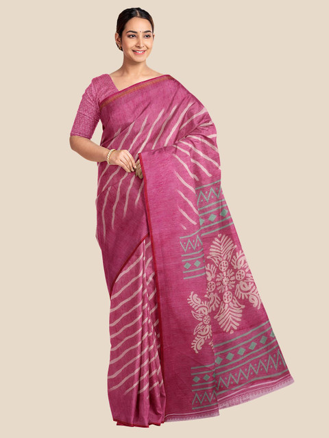 

Kalamandir Pink & White Striped Silk Blend Saree