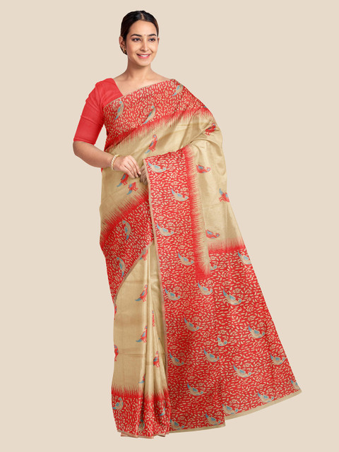 

Kalamandir Cream-Coloured & Red Ethnic Motifs Printed Silk Blend Banarasi Saree
