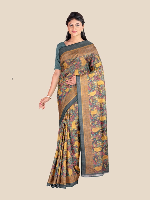 

Kalamandir Teal & Mustard Ethnic Motifs Silk Blend Saree