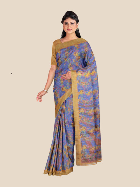 

Kalamandir Navy Blue & Brown Floral Linen Blend Banarasi Saree