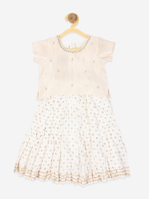 

Fabindia Girls White & Gold-Toned Embroidered Foil Print Ready to Wear Lehenga