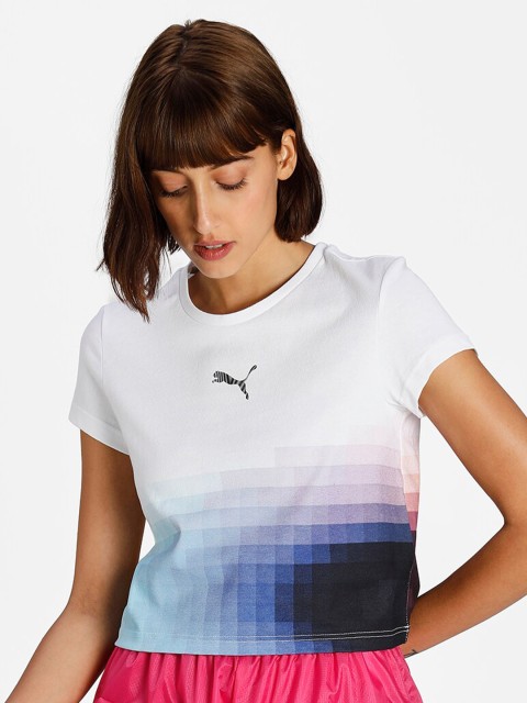 

Puma Women White & Blue Printed Cotton T-shirt