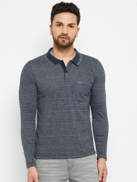 

Adobe Men Navy Blue Striped Polo Collar Cotton T-shirt