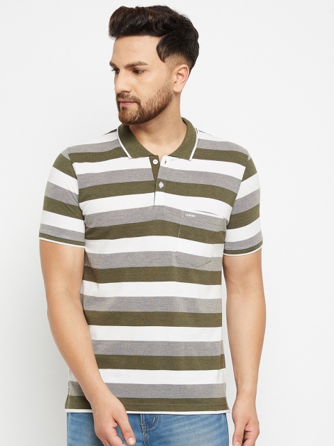 

Adobe Men Olive Green & White Striped Polo Collar Cotton T-shirt