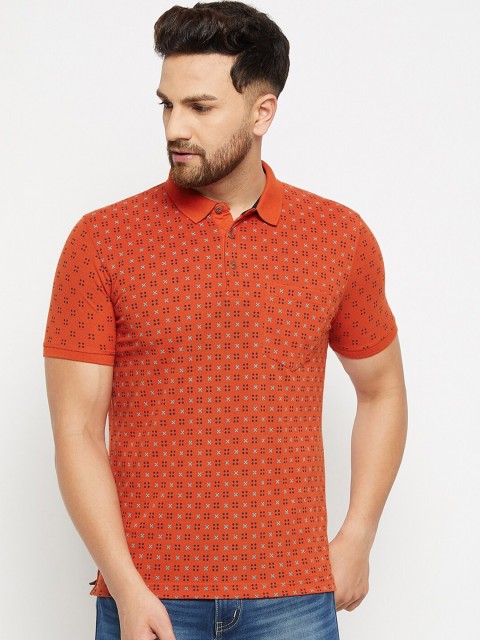 

Adobe Men Rust Printed Polo Collar Cotton T-shirt