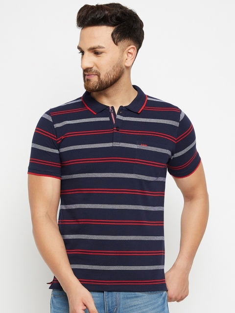 

Adobe Men Navy Blue & Red Striped Polo Collar Pockets Cotton T-shirt