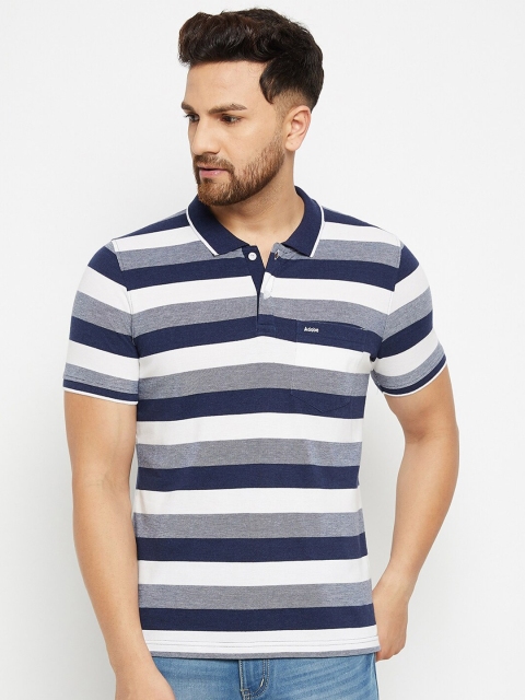 

Adobe Men Navy Blue & White Striped Polo Collar Pockets Cotton T-shirt