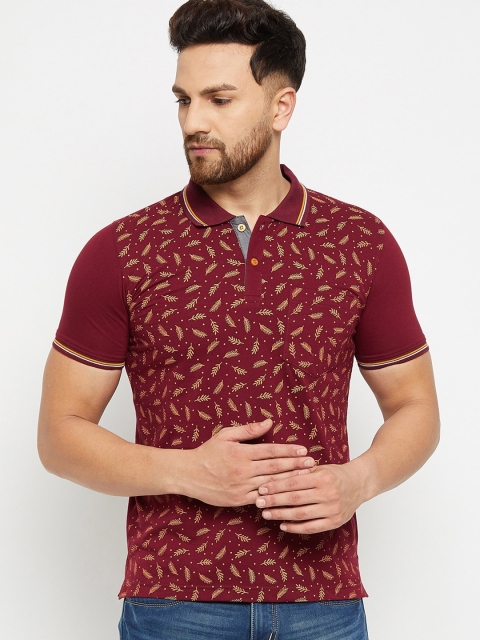 

Adobe Men Burgundy & Beige Printed Polo Collar Cotton T-shirt