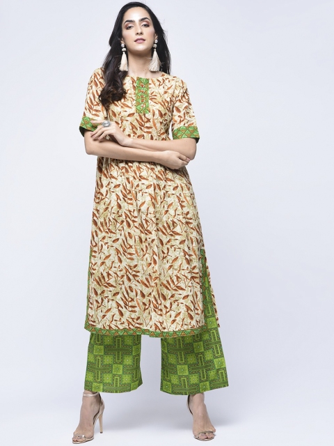 

ZOEYAMS Women Beige & Green Ethnic Motifs Printed Regular Pure Cotton Kurta with Palazzos