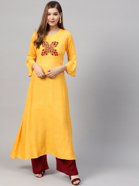 

ZOEYAMS Women Yellow & Maroon Floral Yoke Design Empire Thread Work Kurta with Palazzos
