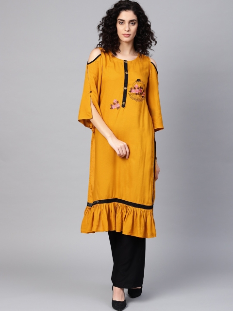 

ZOEYAMS Women Mustard Yellow Embroidered Regular Thread Work Kurta with Palazzos