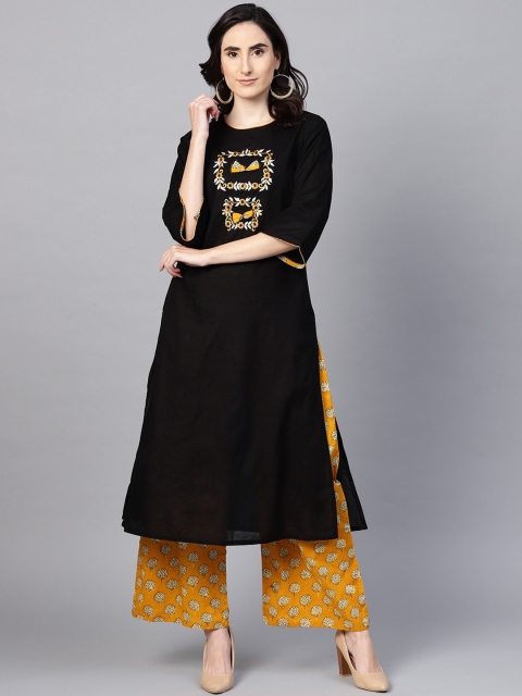 

ZOEYAMS Women Black Ethnic Motifs Yoke Design Regular Thread Work Pure Cotton Kurta with Palazzos