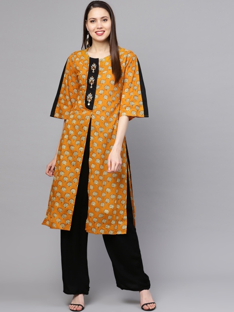 

ZOEYAMS Women Mustard Yellow Ethnic Motifs Printed High Slit Pure Cotton Kurta with Palazzos
