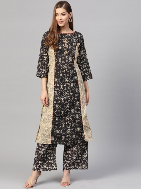 

ZOEYAMS Women Grey & Beige Ethnic Motifs Printed Panelled Pure Cotton Kurta with Palazzos