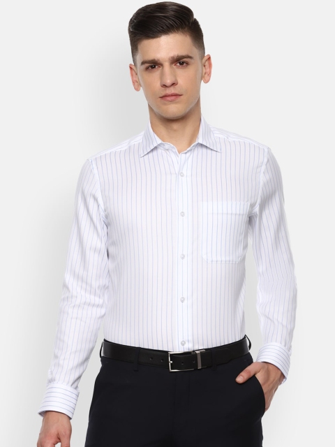

Louis Philippe Permapress Men White & Blue Opaque Striped Pure Cotton Formal Shirt