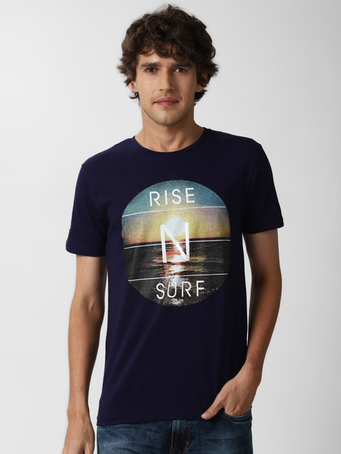 

Peter England Casuals Men Navy Blue Typography Printed Raw Edge Slim Fit T-shirt
