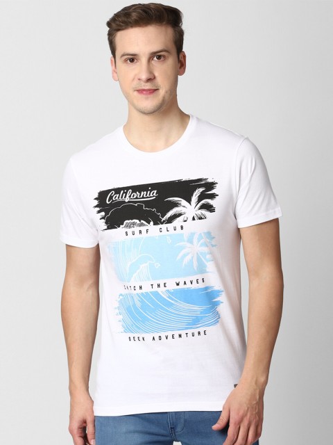 

Peter England Casuals Men White Typography Printed Raw Edge Slim Fit T-shirt