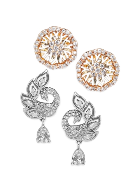 

Rubans Set Of 2 Gold-Toned & Silver-Toned Floral Studs Earrings