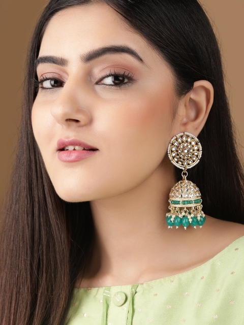 

Rubans Green & Gold-Toned & Plated Kundan Beaded Crescent Shaped Jhumkas Earrings